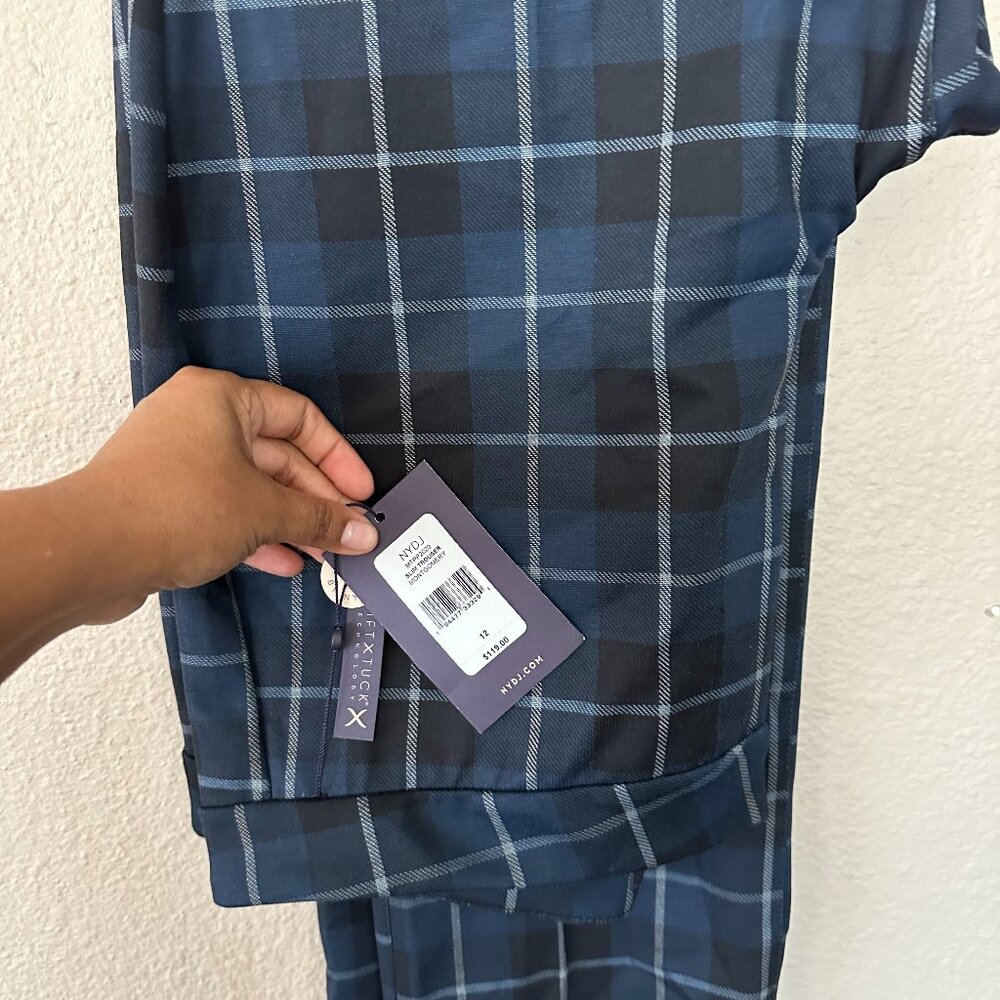 NYDJ Plaid Pants Womens 12 Straight Leg Blue Green Stretch Blackwash Plaid